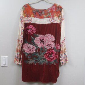 Aratta Silent Journey Paisley Velour Boho Tunic Top Button Front Festival Large